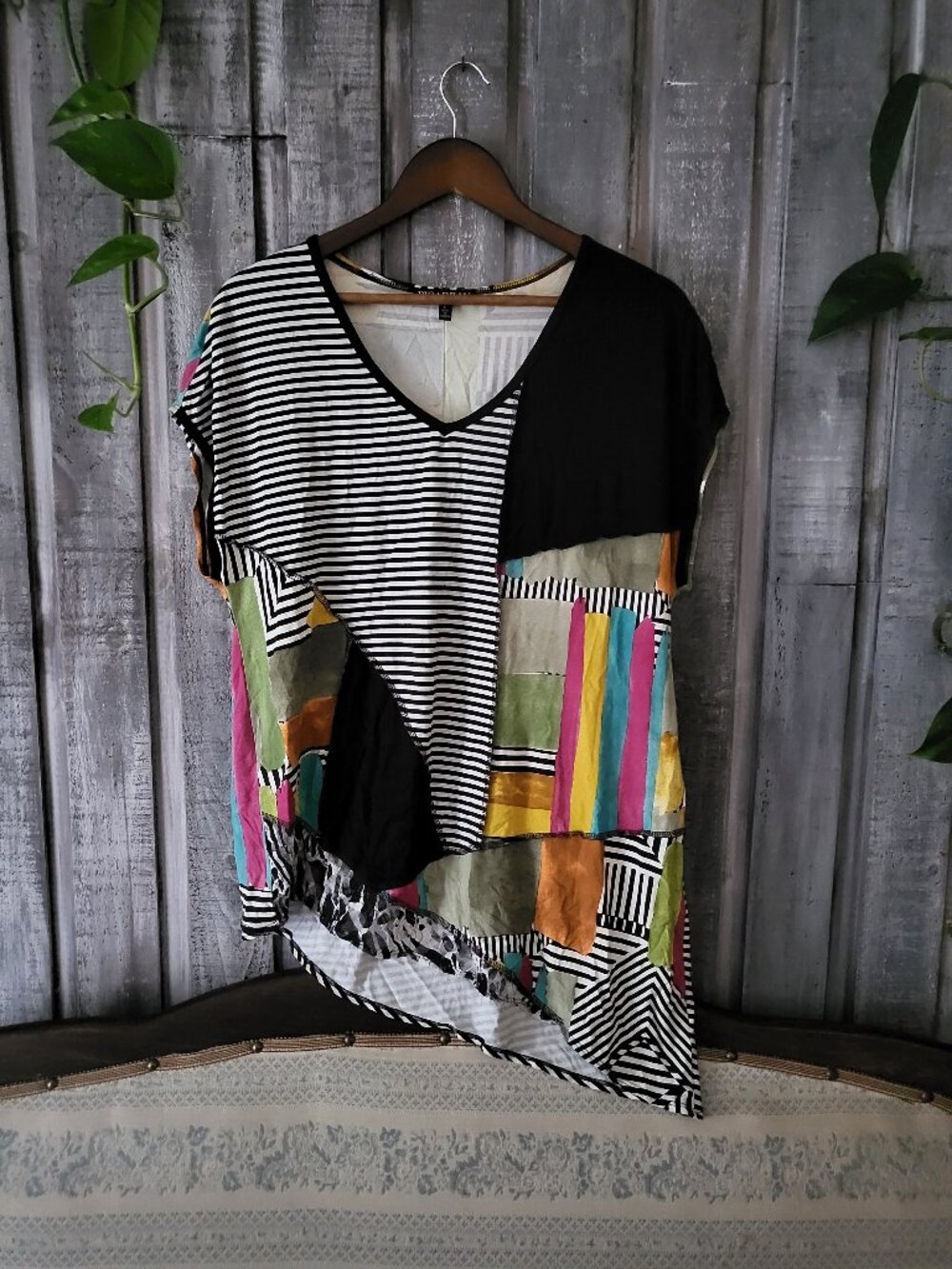 PICADILLY Mixed Media Asymmetrical Patchwork Top L